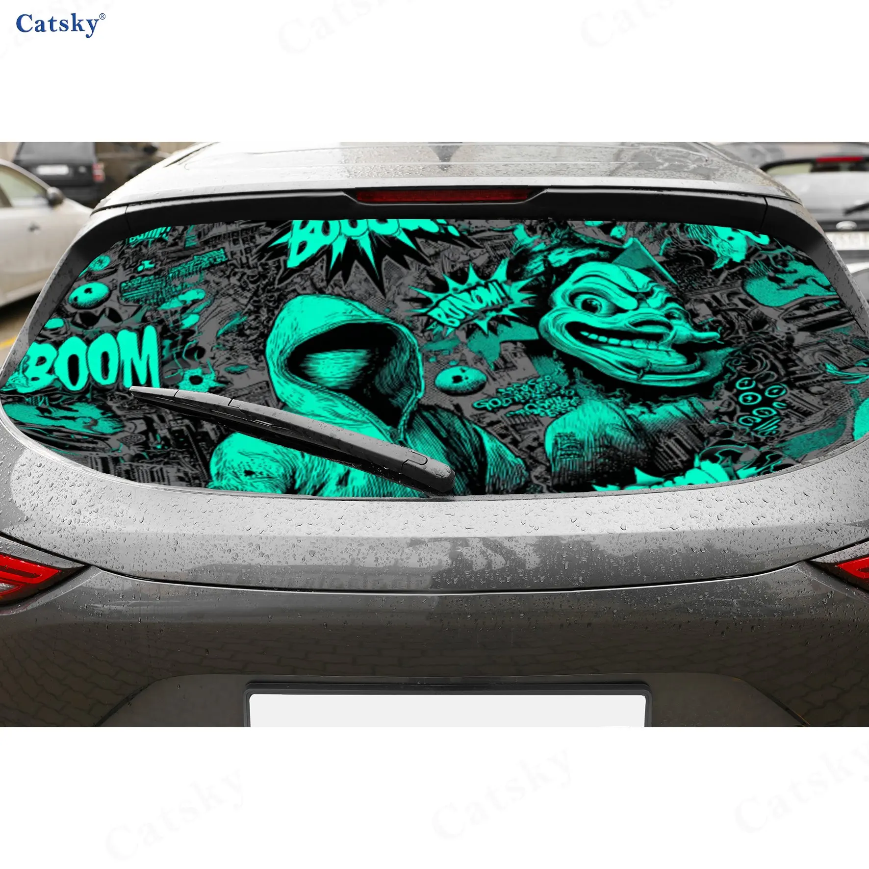 Cyber Hoodie Character PVC Perforated Car Vinyl Wraps, Durable Car Rear Windshield Sticker, Waterproof Car Rear Window Decal