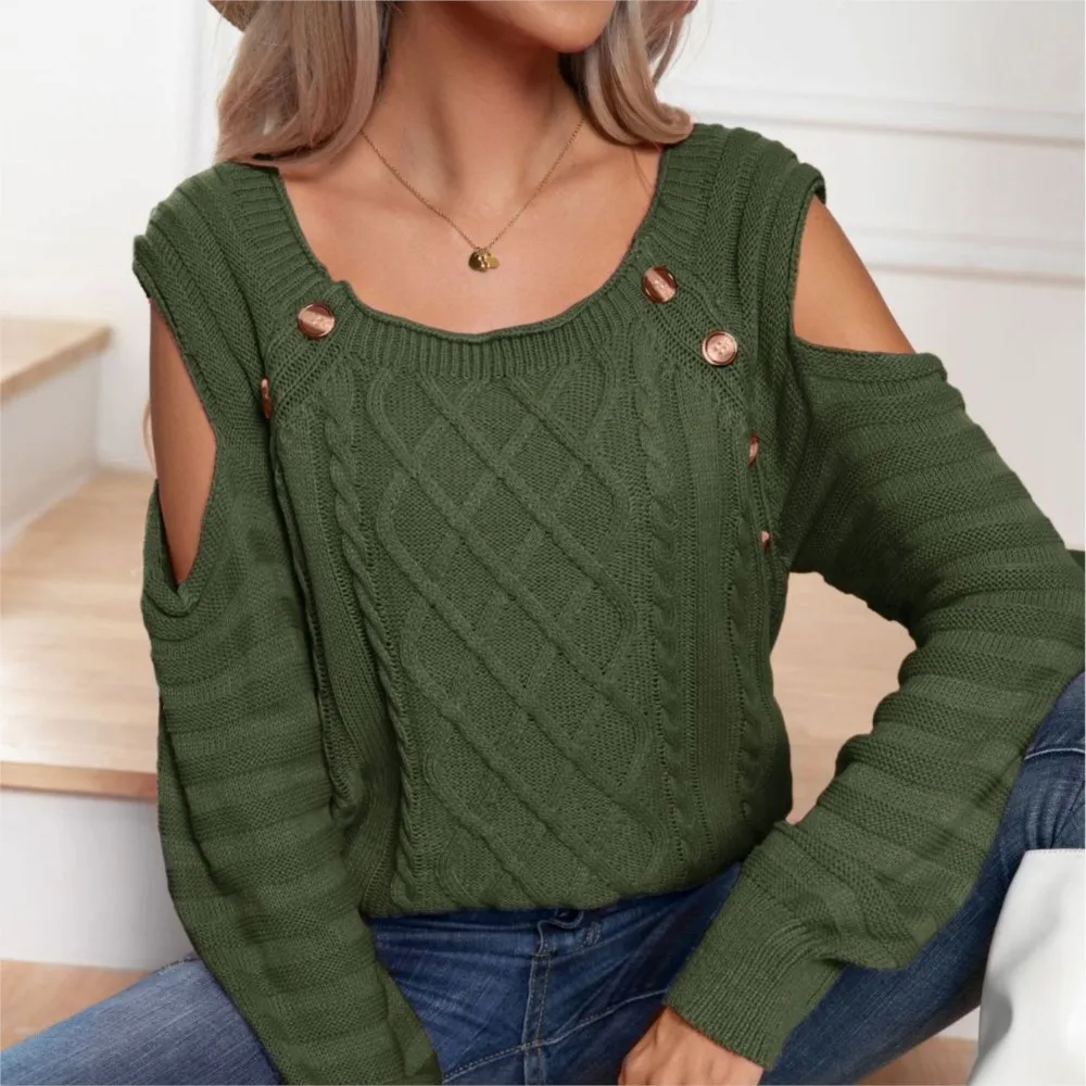 Elegant Solid Color Sweater Button Round Neck Off Shoulder Long Sleeve Twisted Fried Dough Twists Knitted Pullover Sweater Women