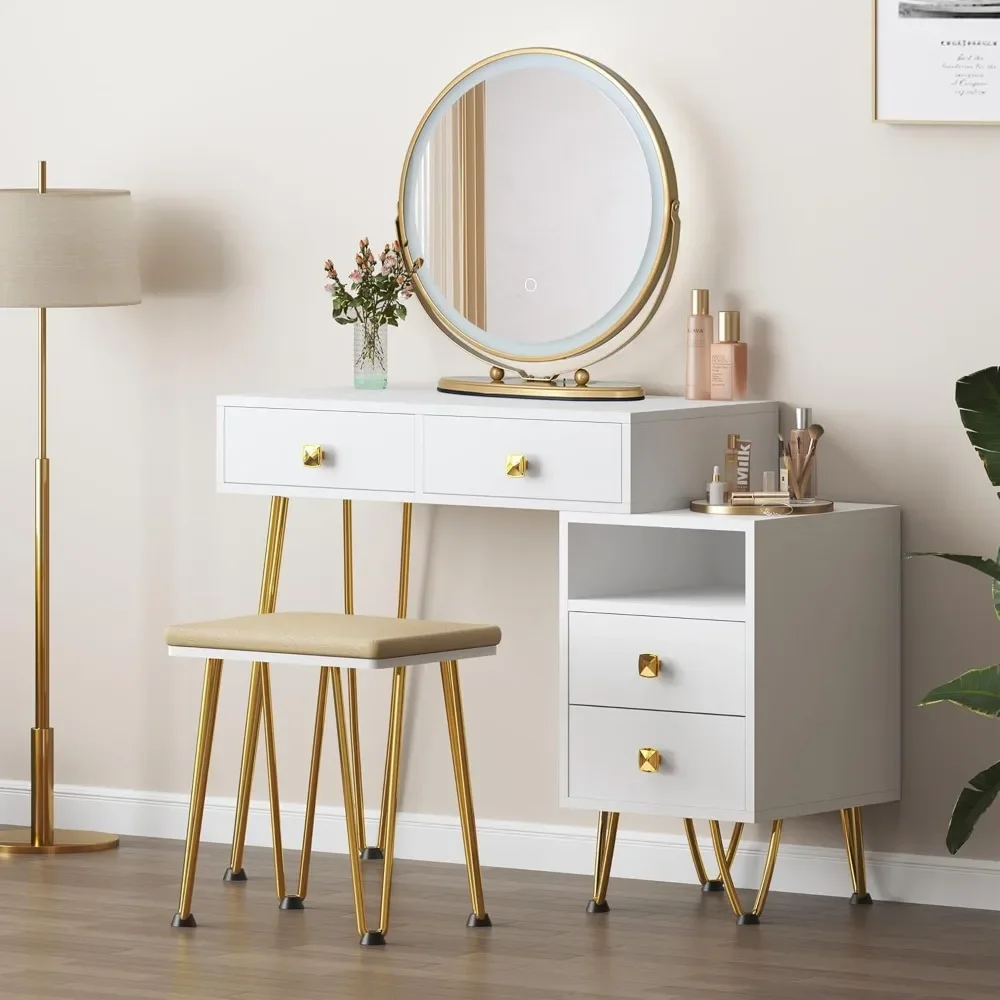 Dressing Table Set with Mirror and Lighting, Circular Rotating Mirror and Ample Storage Space Bedroom Furniture Home Furniture