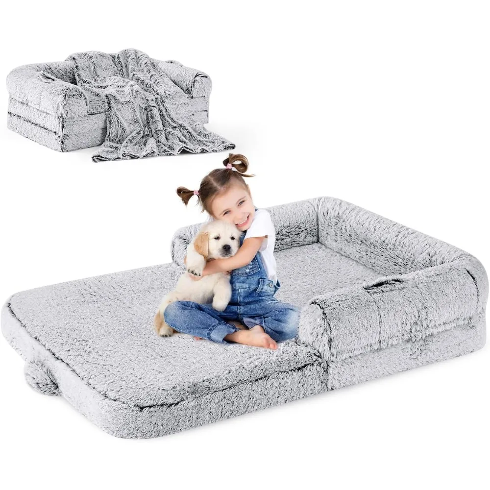 

Human Dog Bed for Kids, 2 in 1 Foldable XL Dog Bed for People Fits Pet Families, Orthopedic Calming Memory Foam Dog Sofa, Faux F