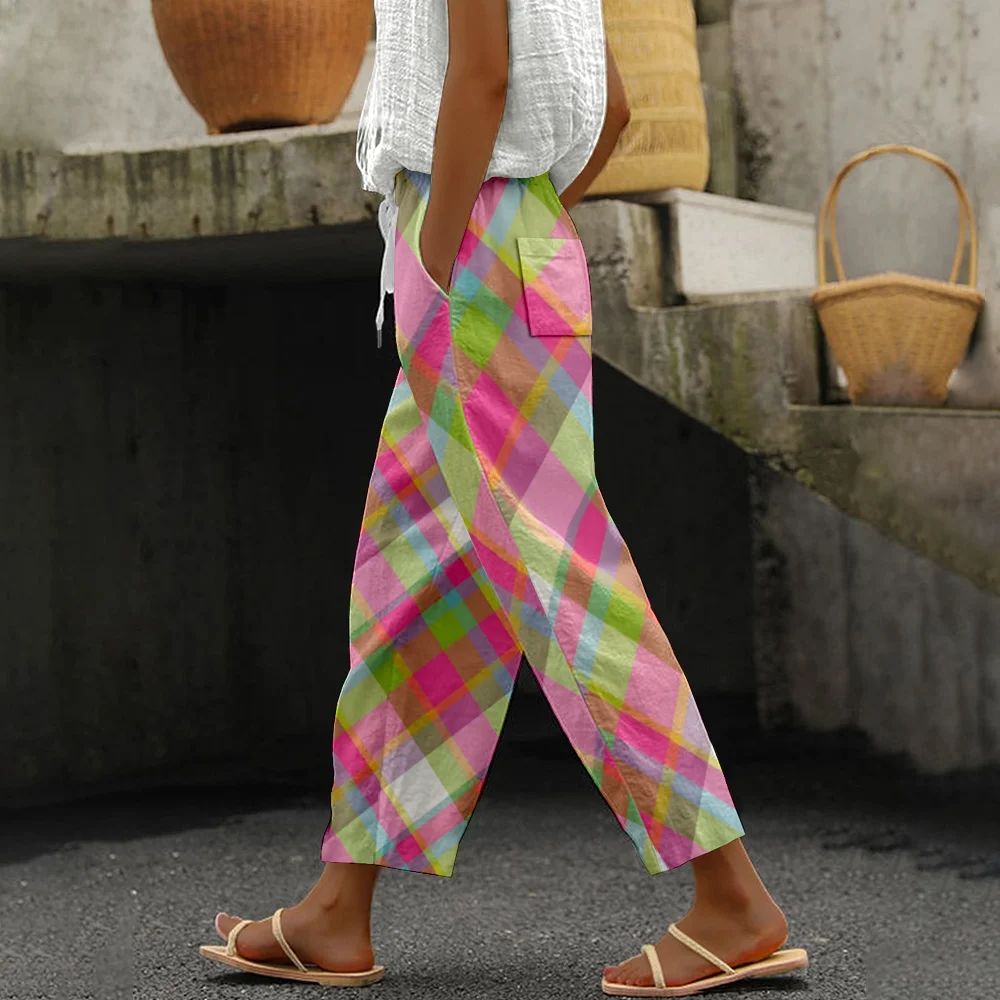 

Summer Vintage Plaid Pants Women Casual Trousers Elastic Waist Harem Pants Fashion Loose Streetwear Office Trousers Y2k Clothes