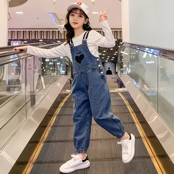 Teen Girls Denim Overalls Autumn Heart Print Girls Suspender Pants Casual Teenage Children's Rompers Jumpsuits 6 8 10 12 14 Y