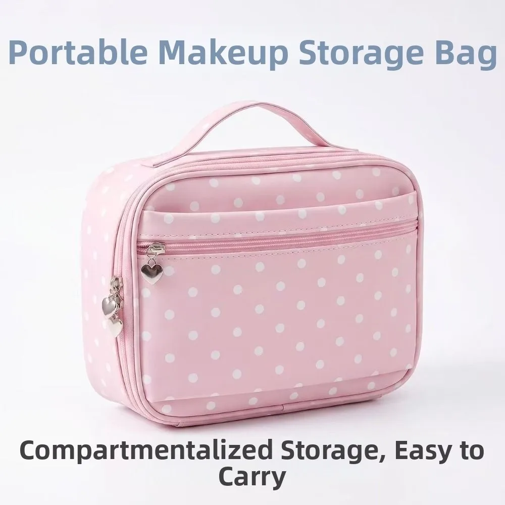 Large Capacity Handheld Makeup Bag PU Leather Polka Dot Cosmetics Handbag with Mirror Waterproof Travel Wash Pack