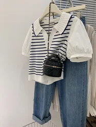 Fake Two Piece Patchwork Korean Knitted Tshirts Puff Sleeve Women Turn-down Collar T-shirts Loose Striped Top 2024 New