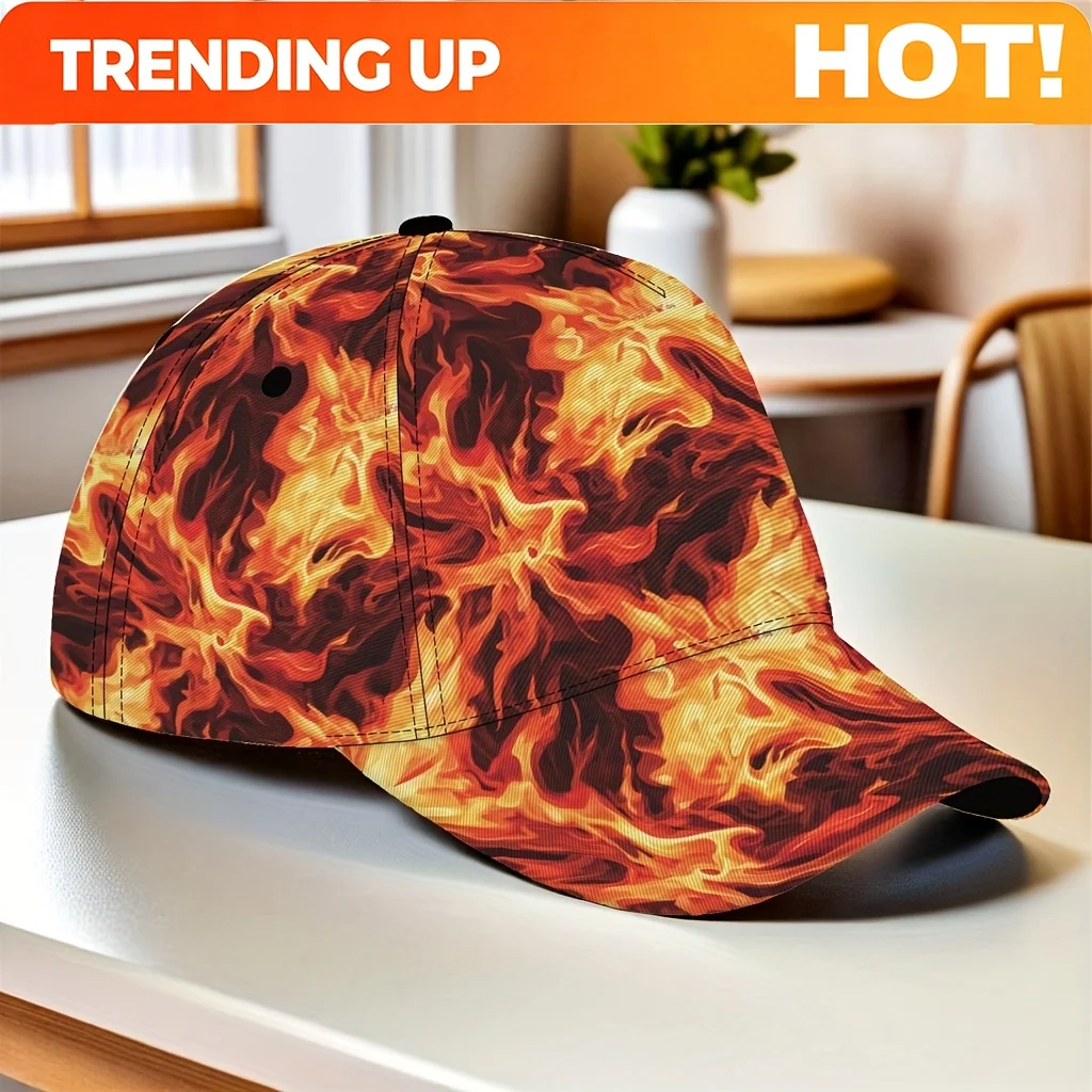 Custom Adjustable Men's Cap Abstract Flame Motivational Art Print Cap Foldable Lightweight Design Vibrant Orange/ Red/ Yellow