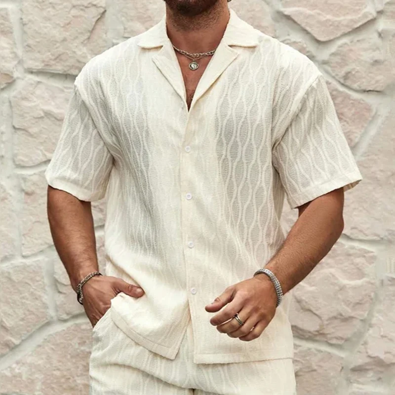 Stylish Mesh Lace See Through Shirts Men Vintage Turn-down Collar Buttoned Shirt 2024 Summer Casual Short Sleeve Mesh Cardigans