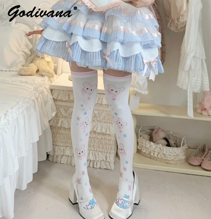 

Macaron Lolita Socks for Women Spring Summer and Autumn Girls Cute Tube Socks Japanese Velvet Print Above Knee Socks