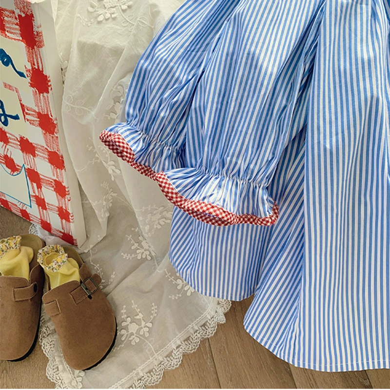 Girls Dress Cotton Clothes Children Blue Stripe Dress Long Sleeve Dress Embroidered Apples Dress Princess Costume Korean Style