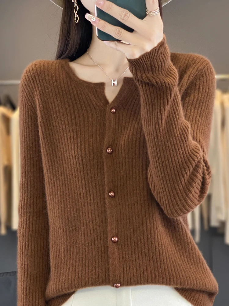 Casual solto 100% lã merino camisola de malha cardigan feminino simples com decote em v outono inverno quente macio sólido graça roupas topos