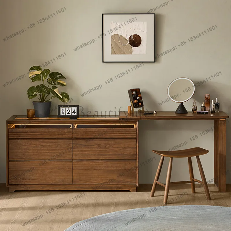 Nordic solid wood chest dresser integrated black walnut light luxury makeup table