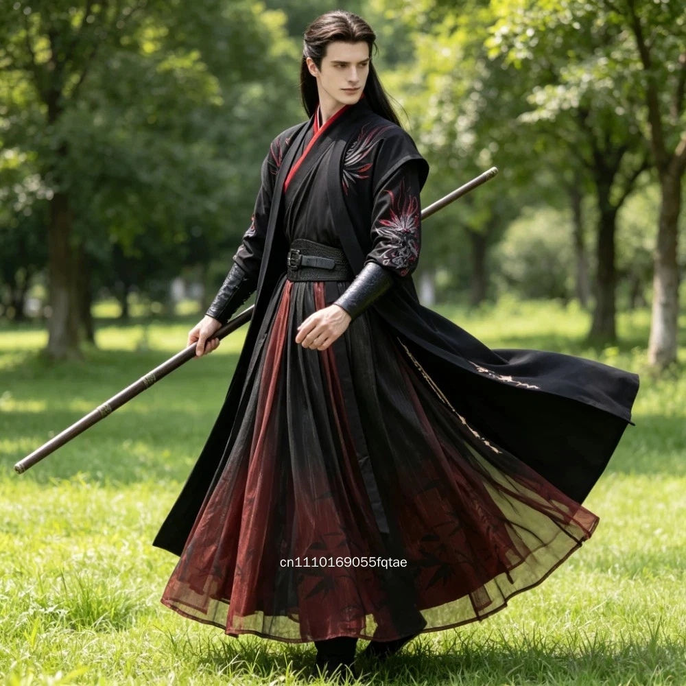 Original Black Red Hanfu Dress Men Traditional Embroidery Cross Collar Costume Vintage Swordsman Cosplay Outfit Retro Stage Perf