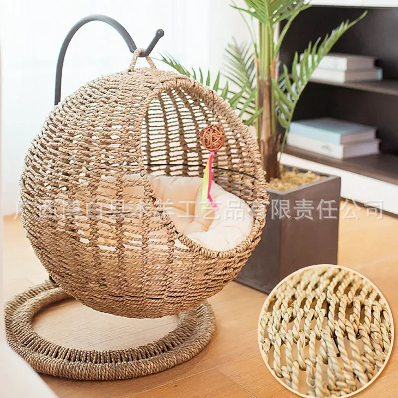 Sea Grass Hand Woven Semi Enclosed Pet Cat Cage Round Scratch Resistant Hanging Basket Rattan Woven Summer Cat Hammock