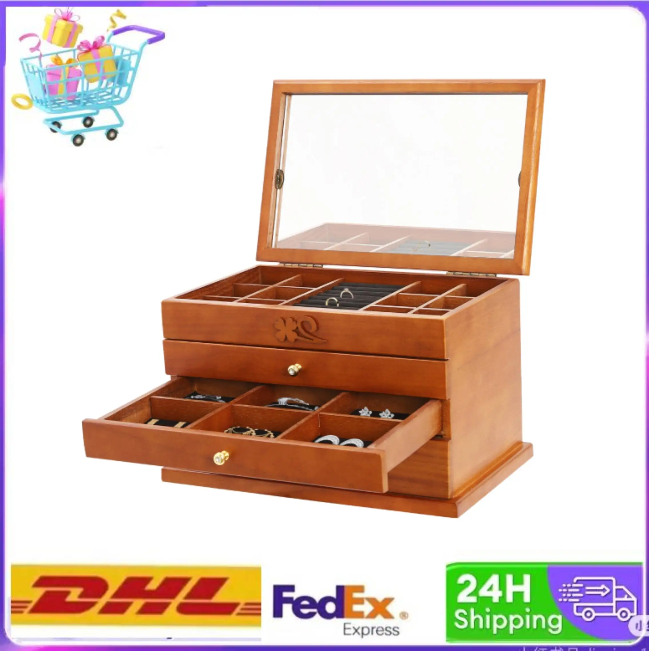 

4 Tiers Vintage Wooden Jewelry Storage Box W/Mirror Jewelry Cabinet Storage Collection Organizer Velvet Interior Large Capacity