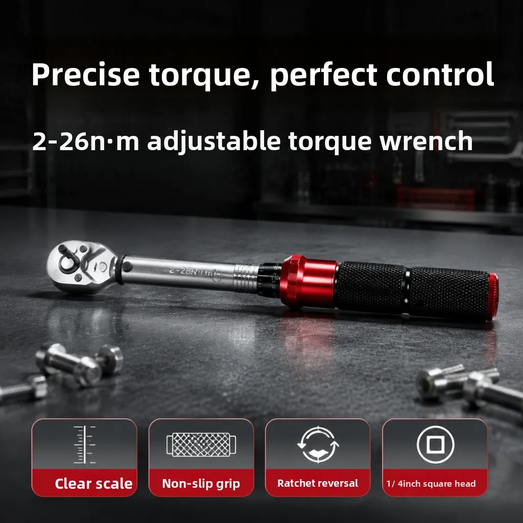 1/4 Drive Torque Wrench 2-26 N.m Adjustable Preset Scale Window Display Chrome Vanadium Steel ±4% Accuracy for Tire Spark Plu