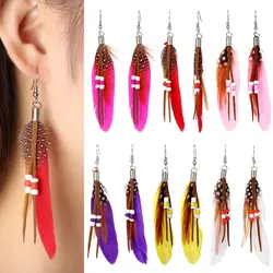 1Pair Vintage Ethnic Rainbow Beads Feather Dangle Drop Earrings For Women Female Boho Ear Jewelry Accessories