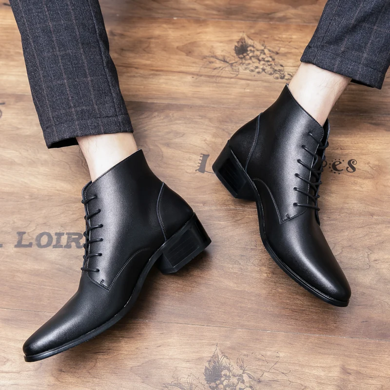 Men Leather Ankle Boots Round Toe Lace-up Fashion Business Boots