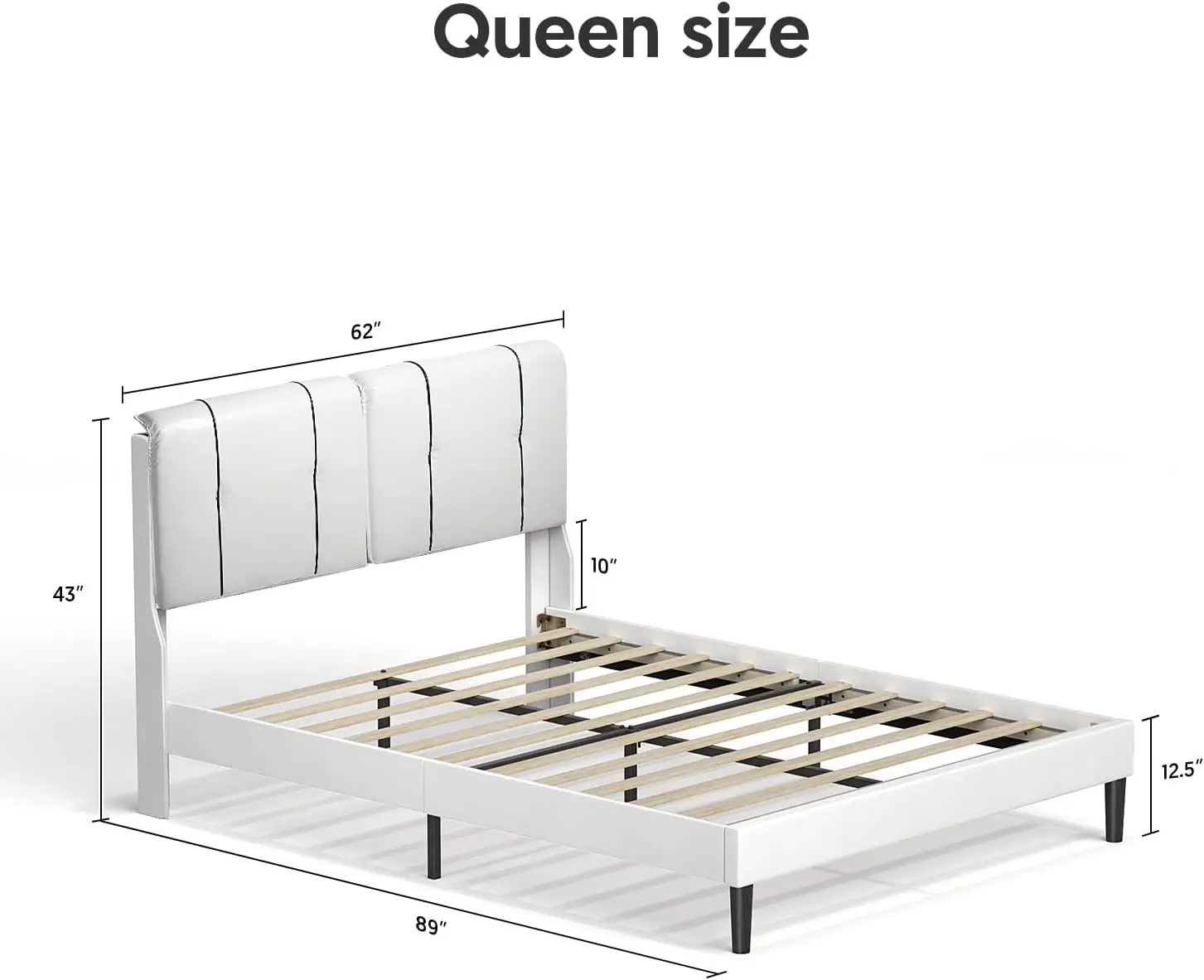 Modern Upholstered Queen Size Platform Bed in White Low Profile Headboard Spring Required Sleek & Stylish Bedroom Furniture