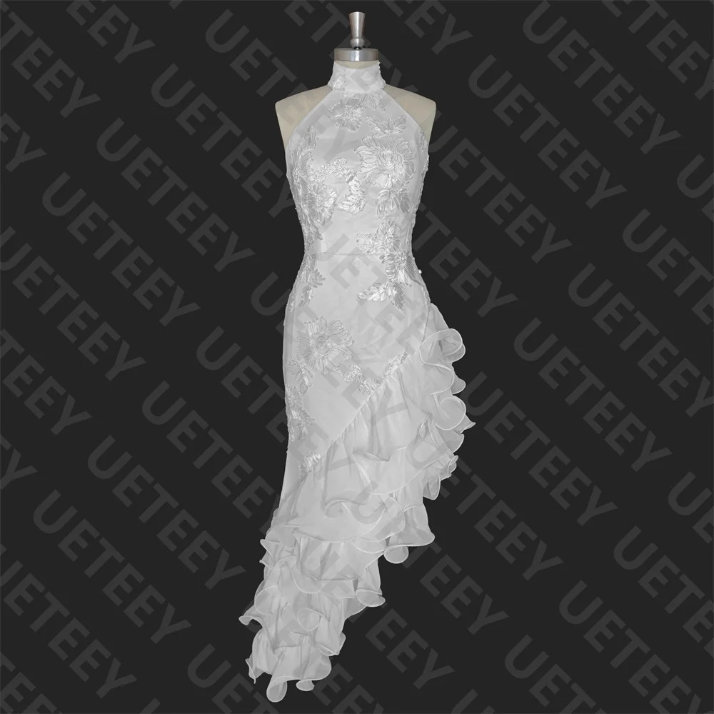 UETEEY, vestido de novia personalizado con flores altas y bajas fruncidas con cuello Halter para mujer, vestido de fiesta con cremallera en la espalda, vestidos de novia