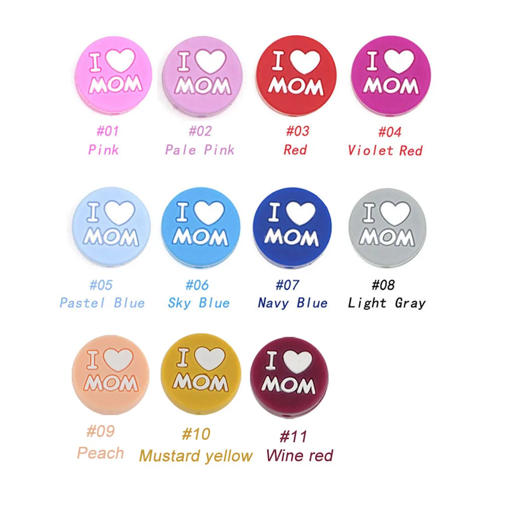 10pcs I Love Dad/Mom Round Silicone Beads Heart Silicone Bead Food Grade For Jewellery Making DIY Pacifier Chain Accessories