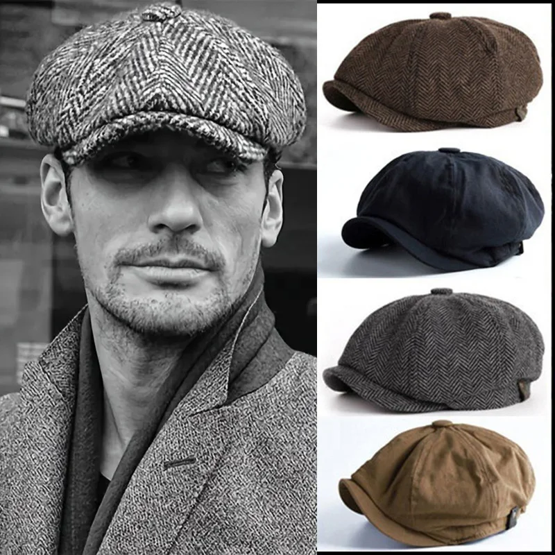 Men Retro Beret British Hat Wool Blend Vintage Herringbone Tweed Men Casual Newsboy Hat Flat Cap