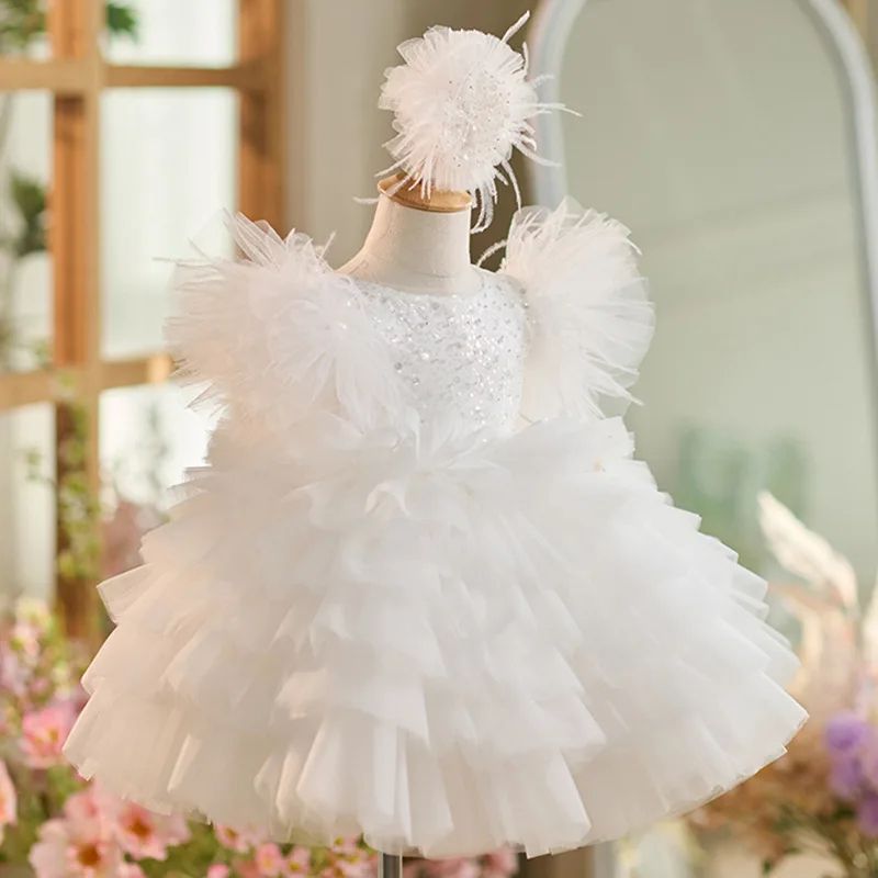 New White Flower Girl Dresses Tulle Sequin Top O Neck Girls Birthday Party Gown Baptism Christmas Dresses