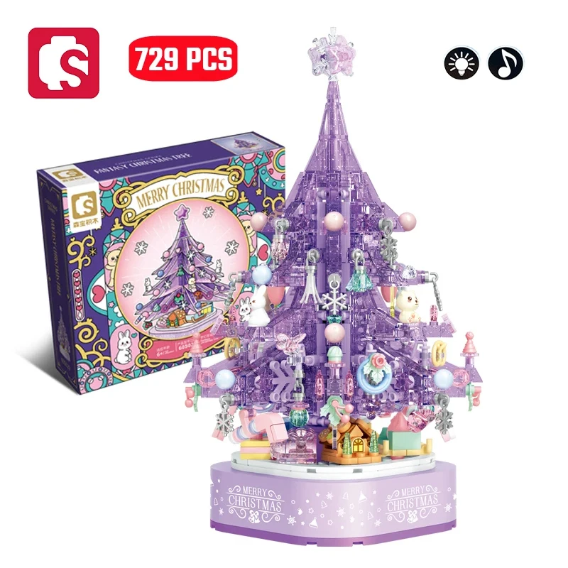 

SEMBO 729pcs Purple Fantasy Crystal Christmas Tree Assembly Building Blocks Light Music Box Decoration Girls Gifts Toys for Kids