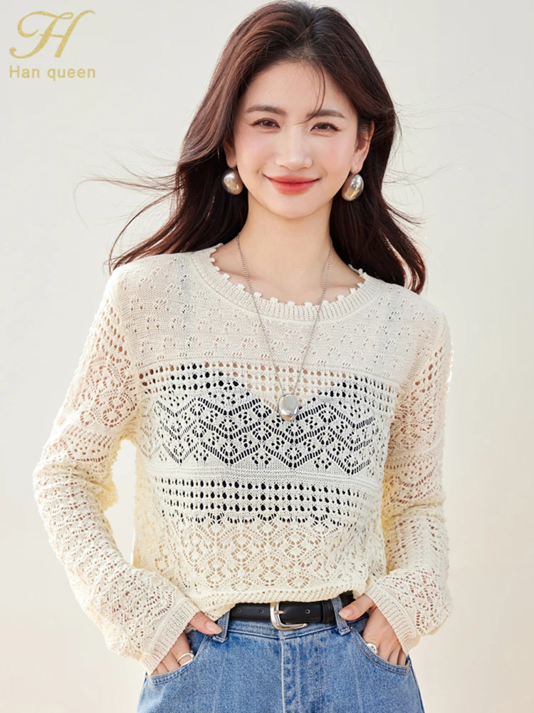 

H Han Queen 2025 Spring Autumn Hollow Out Knitted Pullover Sweaters O-Neck Elastic Basic Long Sleeve Lazy Tops Woman Clothing