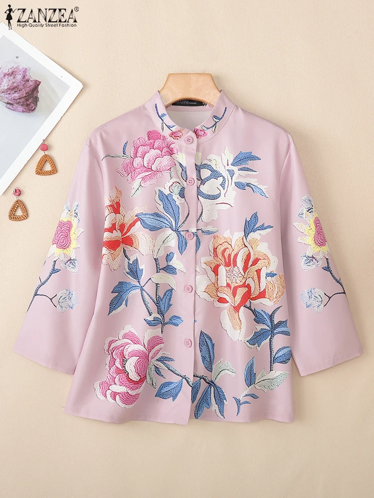 

ZANZEA Elegant Women Floral Print Shirts 2025 Autumn Stand Collar 3/4 Sleeve Button Up Blouses Loose Casual Chemises Femme