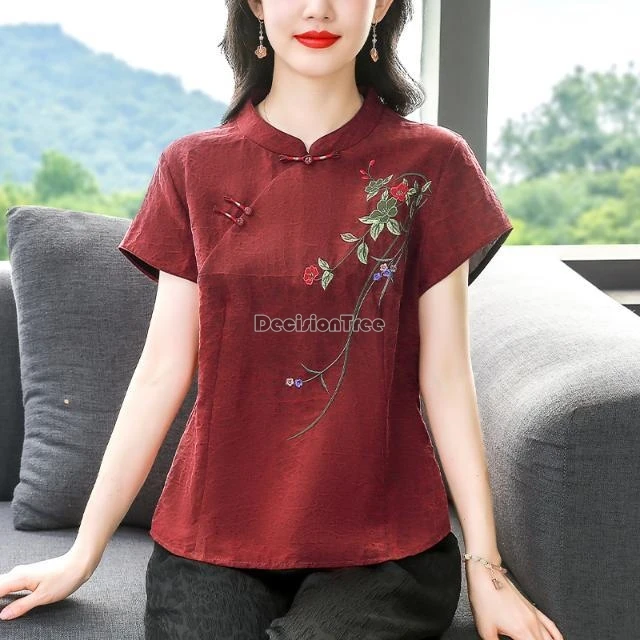 

2026 new summer chinese vintage national style embroidered chengsam top women stand collar short sleeve loose daily qipao blouse