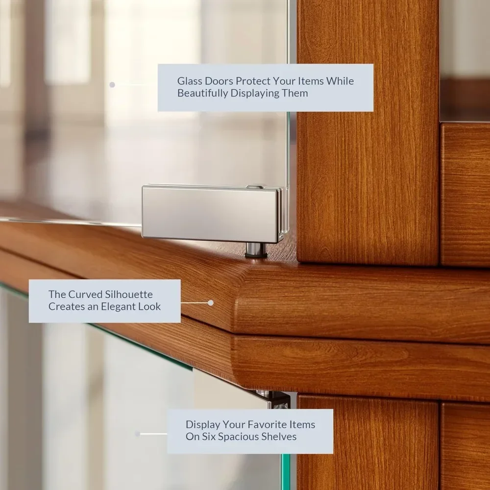 Etalase Sudut Kabinet Curio Menyala untuk Ruang Tamu, Kandang Cina dengan Pintu dan Rak Kaca Tempered, Acc Kayu