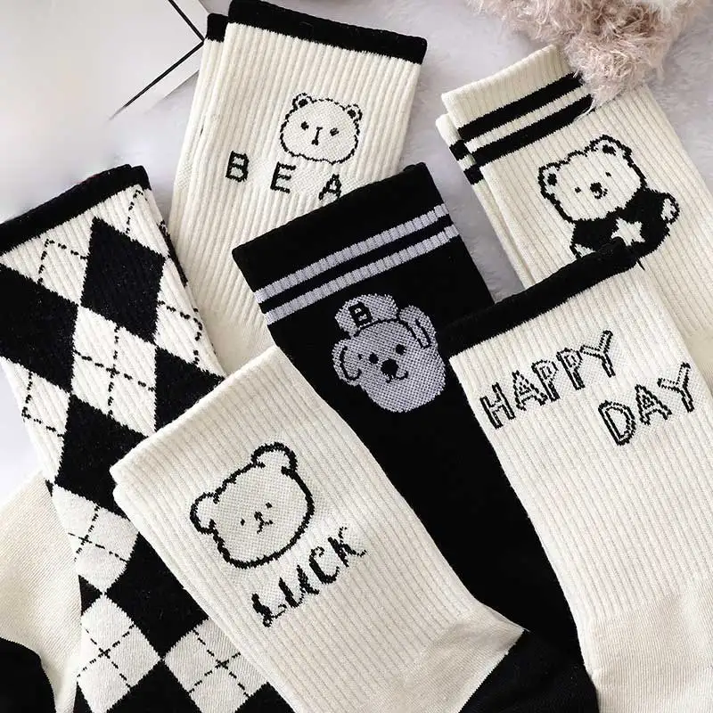 Women White Socks Cute Cartoon Anime Socks Bear Checkered Cotton Y2k Funny Socks Harajuku Paw Socks Print Girls