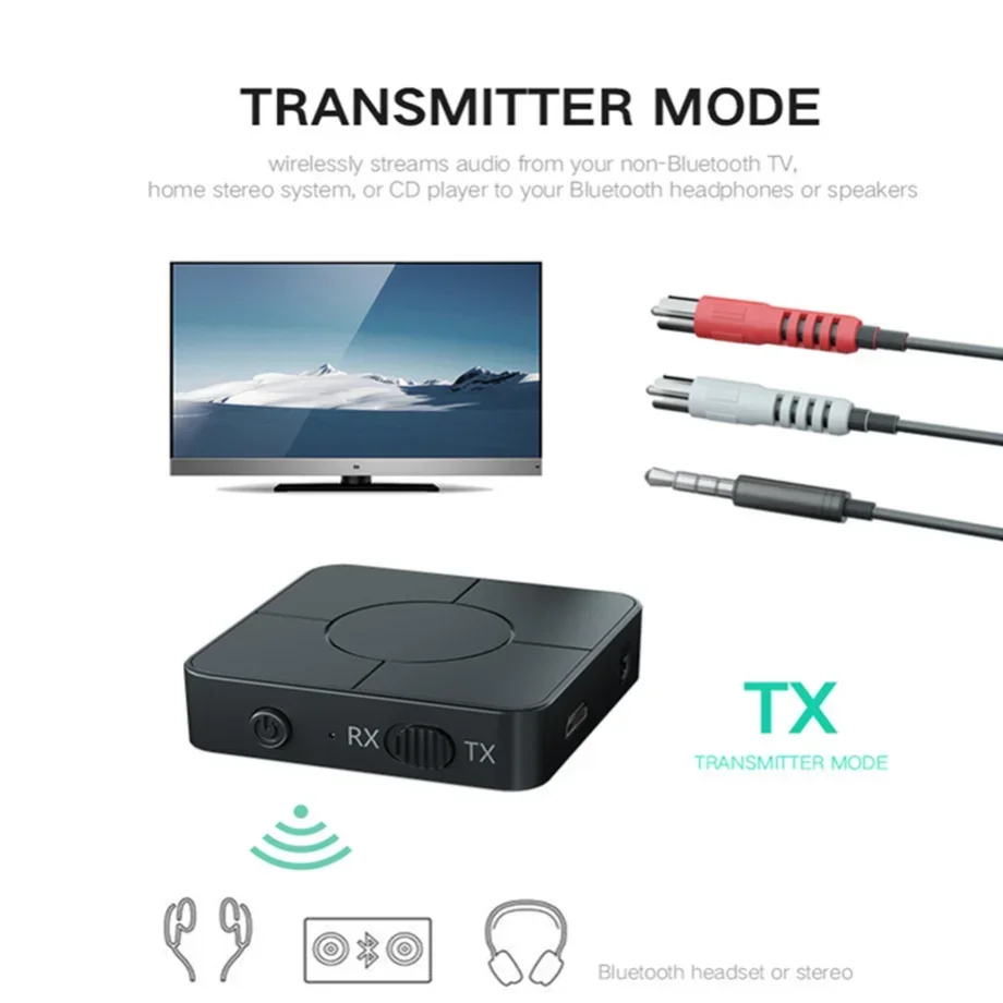 KN326 Bluetooth 5.0 Audio Transmissor Receptor, 3.5mm AUX Jack, Adaptador de música sem fio RCA com microfone para carro, PC, TV, fones de ouvido