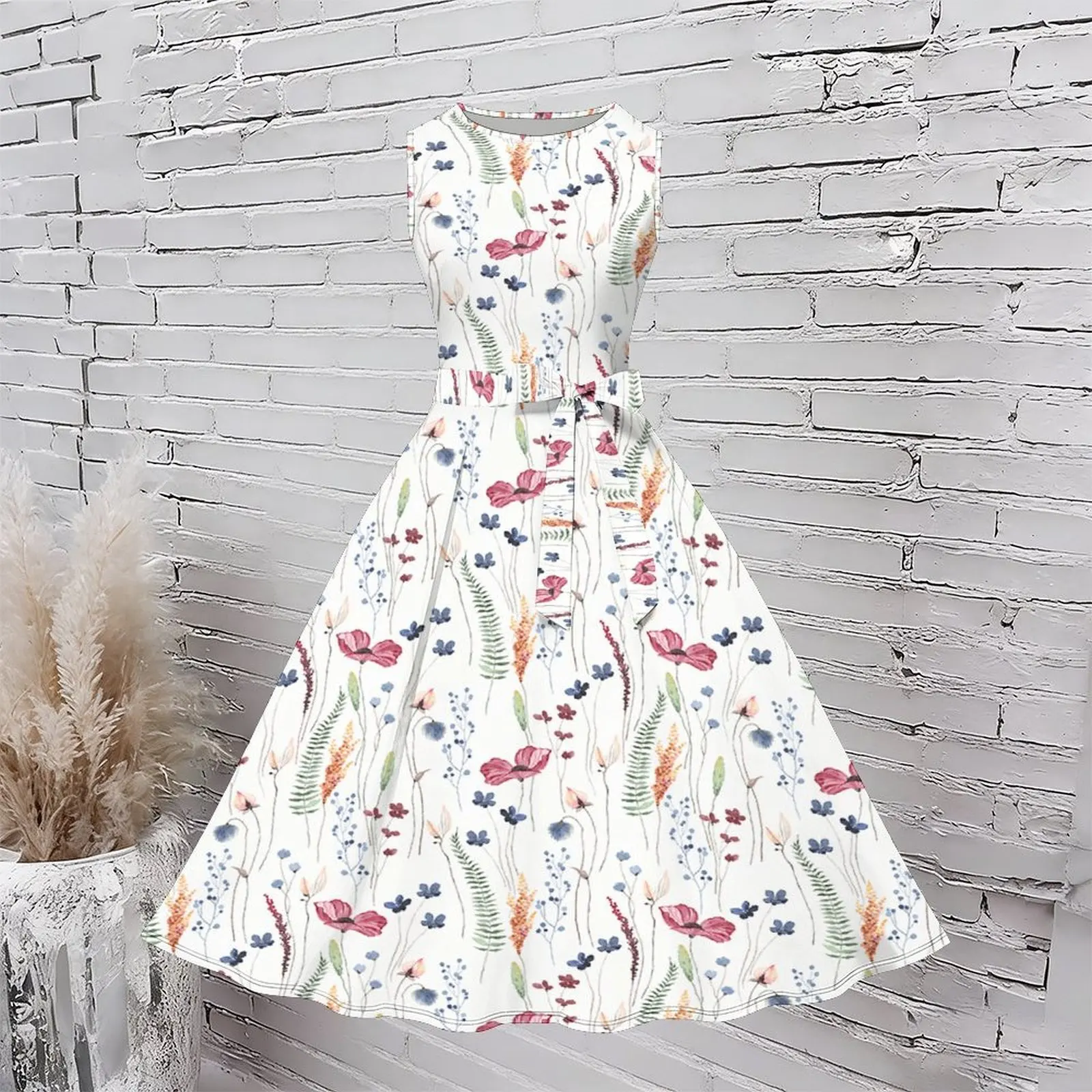 Autumn/Winter Sleeveless Round Neck Slim Women'sDress Retro Printed Elegant Mid Length Skirt Street Vacation Beach Party