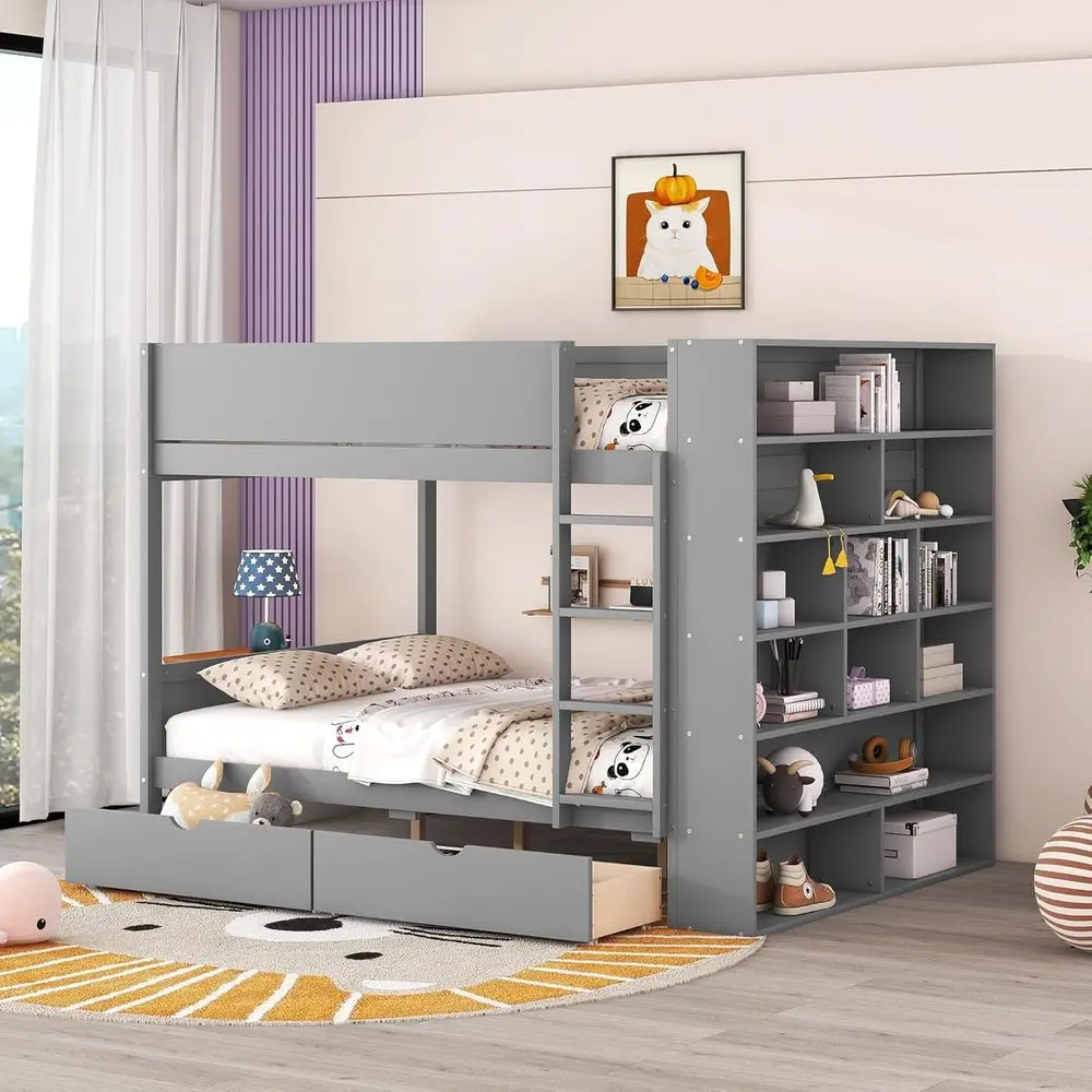 

Gray Double Decker Bunk Bed with Bookcase, 2 Drawers, and Multi-Layer Storage Shelves for Kids & Teens