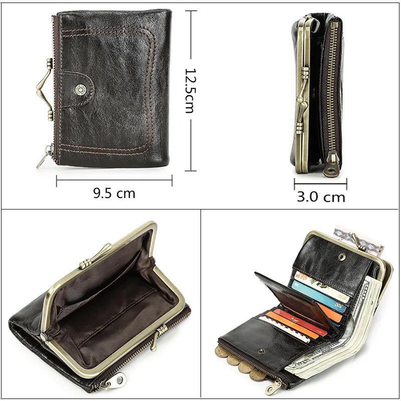 2023 New Large Capacity RFID Blocking Top Grain Leather Women's Wallet Fashionable Metal Money Clip Female Wallet Retro