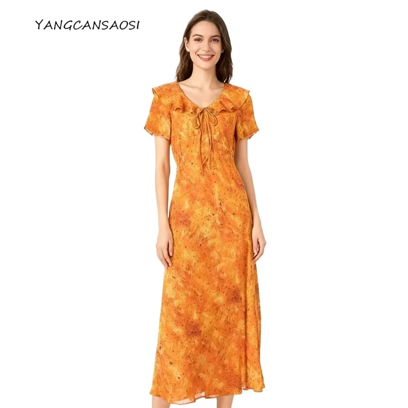 

Women's Fashion Clothing 100% Natural Mulberry Silk Crepe De Chine Retro Ink Orange Print V-neck Short Sleeved Fishtail Dress