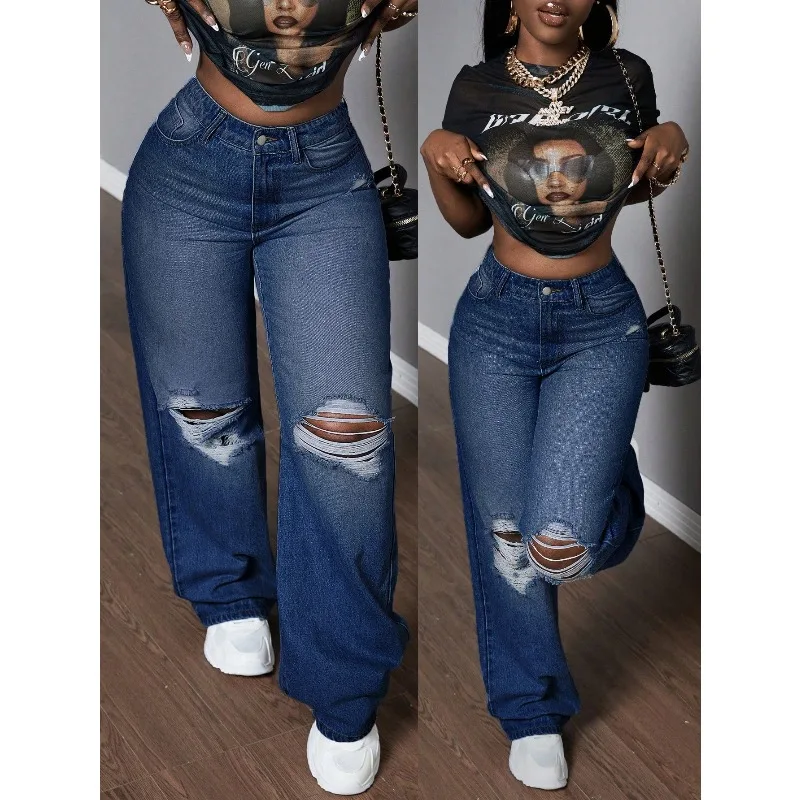 

2026 Women Slayr Women's Pocket Ripped Loose Casual Straight Leg Jeans