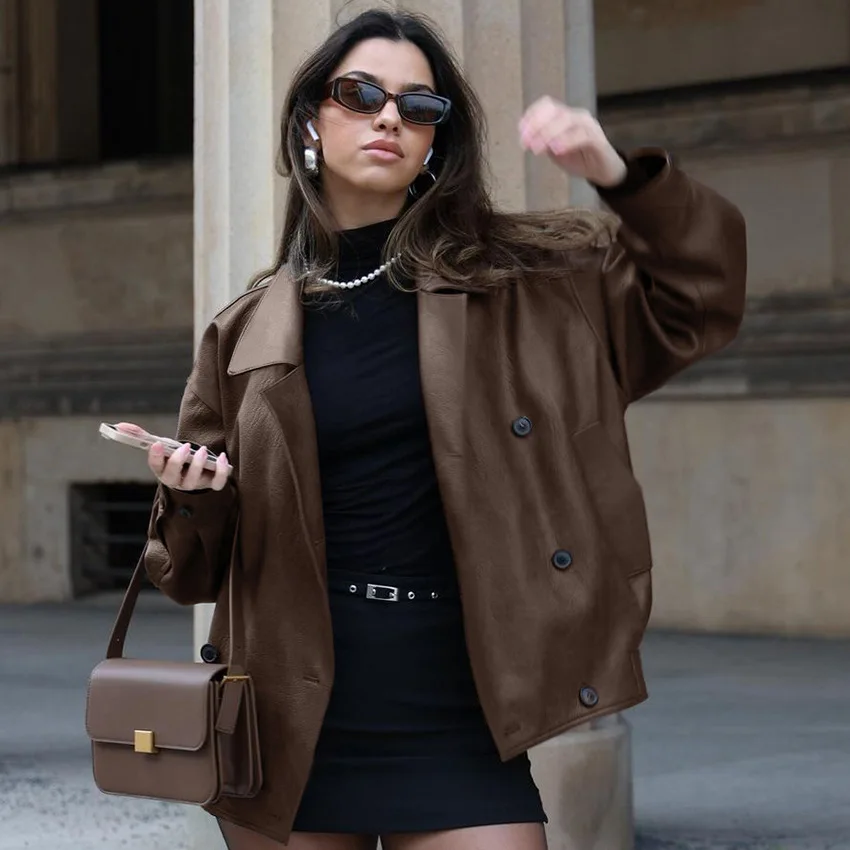 Retro-chique terno colarinho jaqueta de couro outono inverno sólido oversized manga longa elegante moda outwear senhora do escritório casacos