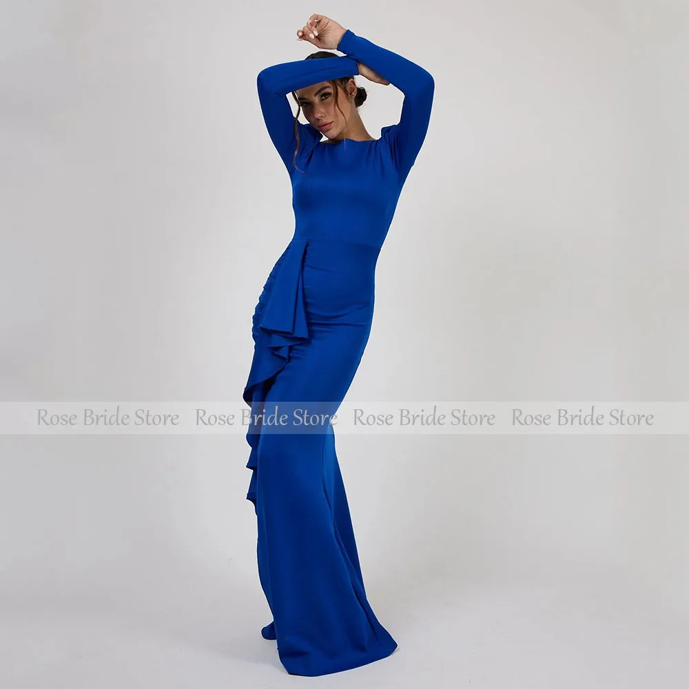 Vestidos de invitados de boda de color azul real para mujer, vestidos de noche de sirena de manga larga con escote redondo, vestido Formal elegante con abertura lateral y volantes 2025
