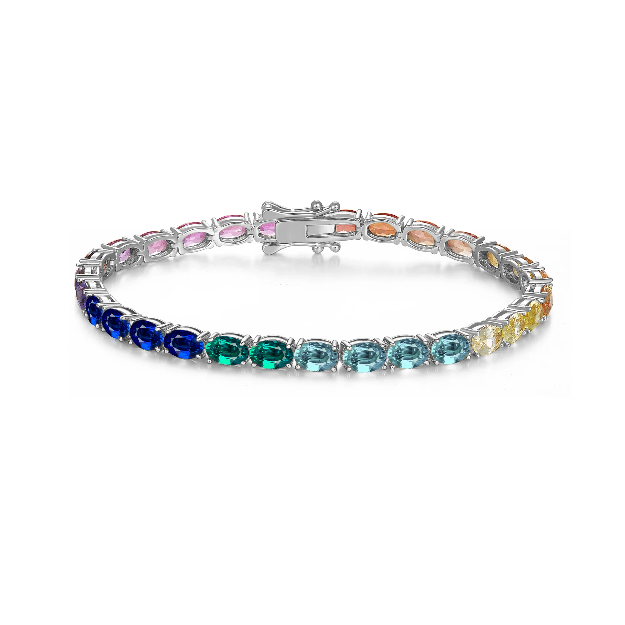 

New S925 Silver Cultivation Pink Blue Treasure Gradient Rainbow 4 * 6mm Tennis Pure Silver Bracelet with Light Luxury Design