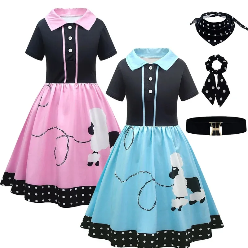 Vestidos Vintage de caniche de los años 50 y 60, con bufanda, cinturón, Vestidos Pinup para niñas, Vestidos Retro Rockabily para cachorros de verano, disfraz Retro Hippie
