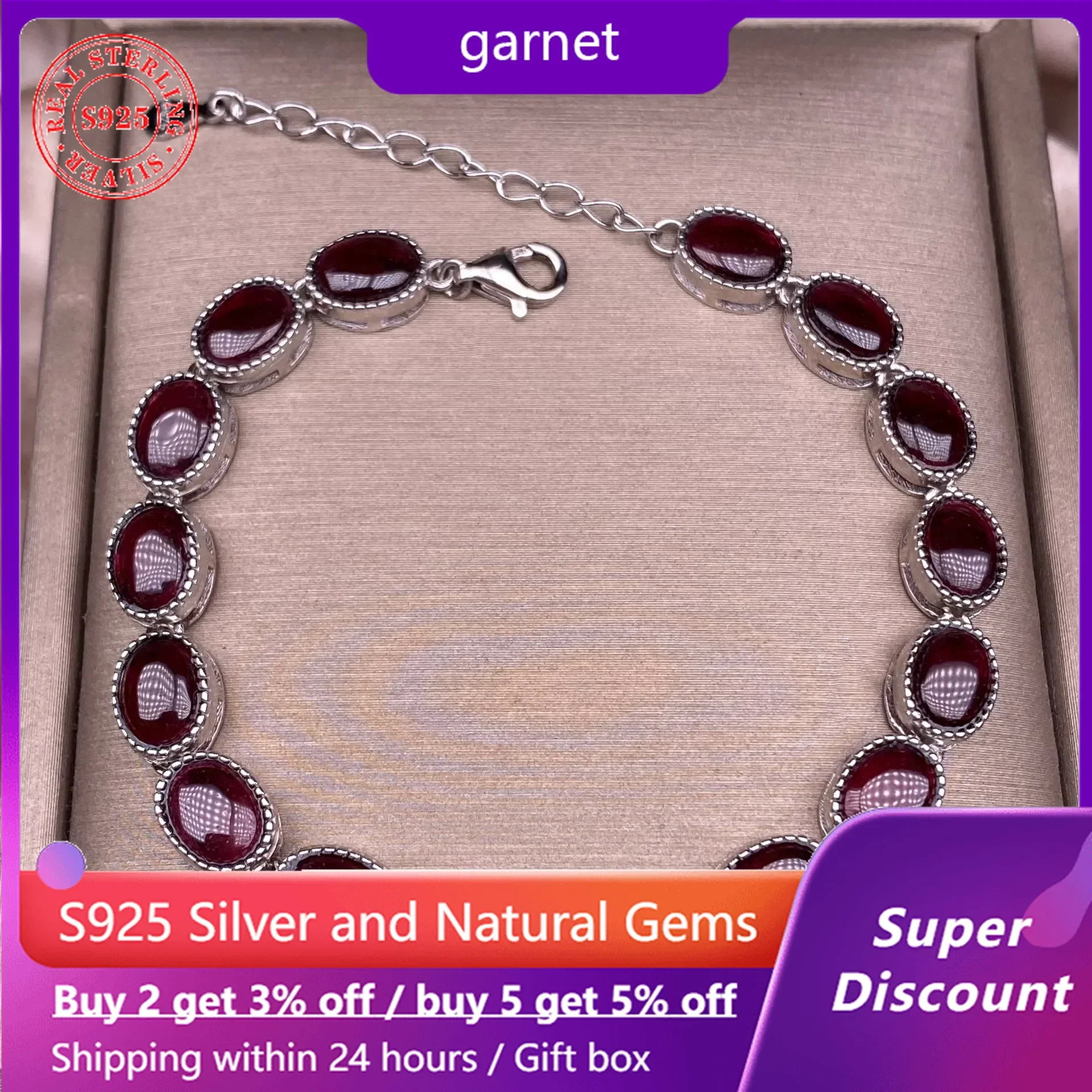 HOYON Natural Purple Teeth Garnet Women\'s Bracelet Ruby s925 Pure Silver Couple Bracelet Jewelry with Colorful Crystal Gemstone