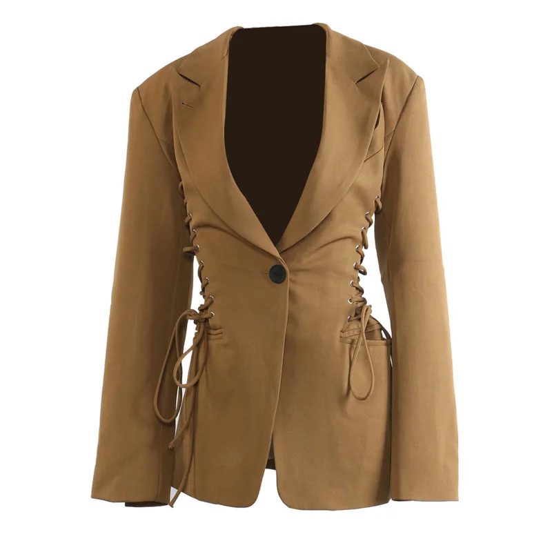EAEOVNI Fashion Design Blazer Jas Vrouwen Effen Kleur V-hals Lace-up Trekkoord Verzamelde Taille Jas Streetwear 2023 nieuwe