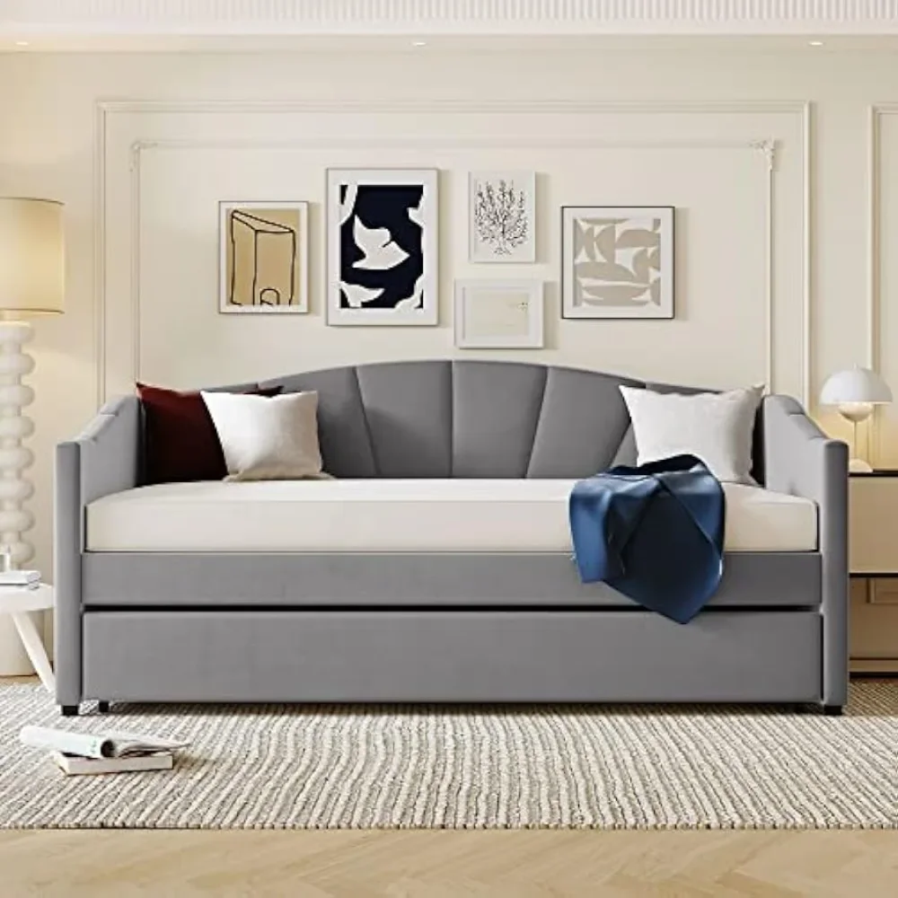 GJHOME Upholstered Daybed Sofa Bed Twin Size with Trundle Bed and Wood Slat,Gray