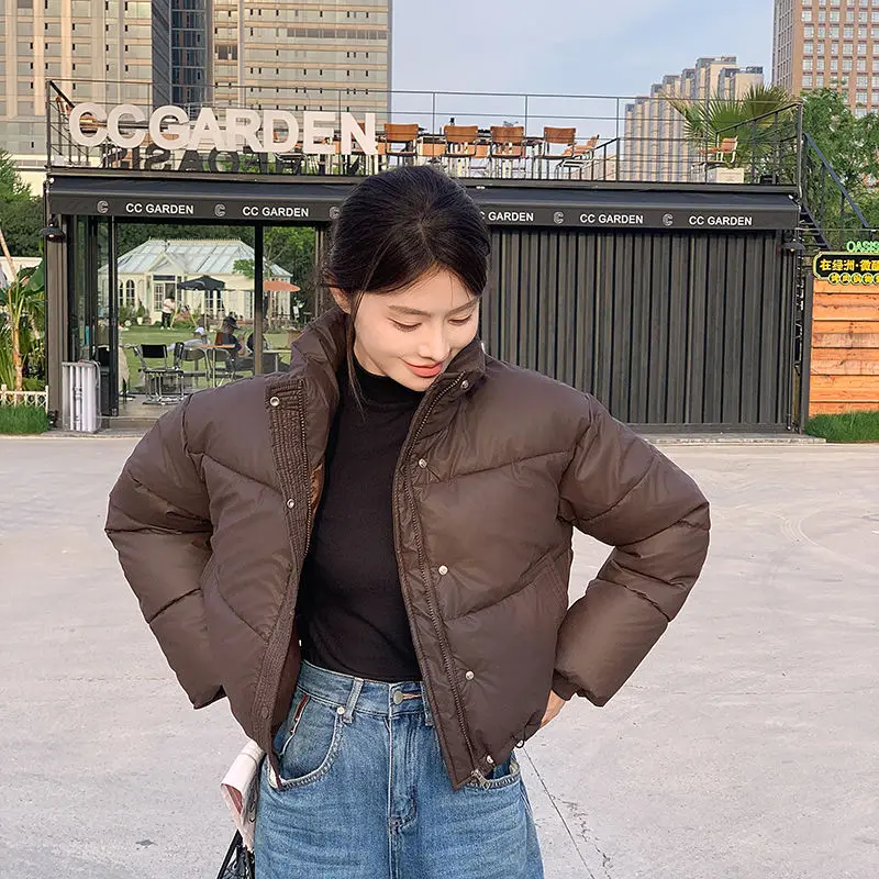 Women's Clothing PU Leather Crop Jacket No Washing Required Short Tops New Winter Warm Thicken Stand-up Collar Bread Cotton Coat