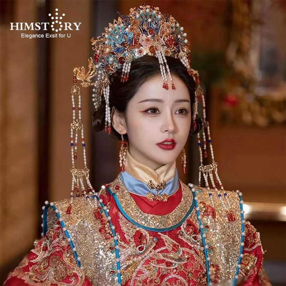 HIMSTORY Chinese Ancient Wedding Jewelry Set Traditional Classic Bridal Headwear Tiara Blue Ming Hair Crown Hairpins Earrings