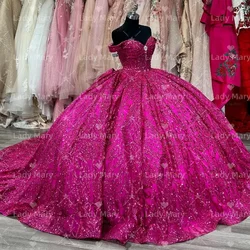 Customized Fuchsia Glitter Quinceaera Dresses Off The Shoulder Lacing Up Back Big Bow Sweet Girl Birthday Party Gowns vestidos
