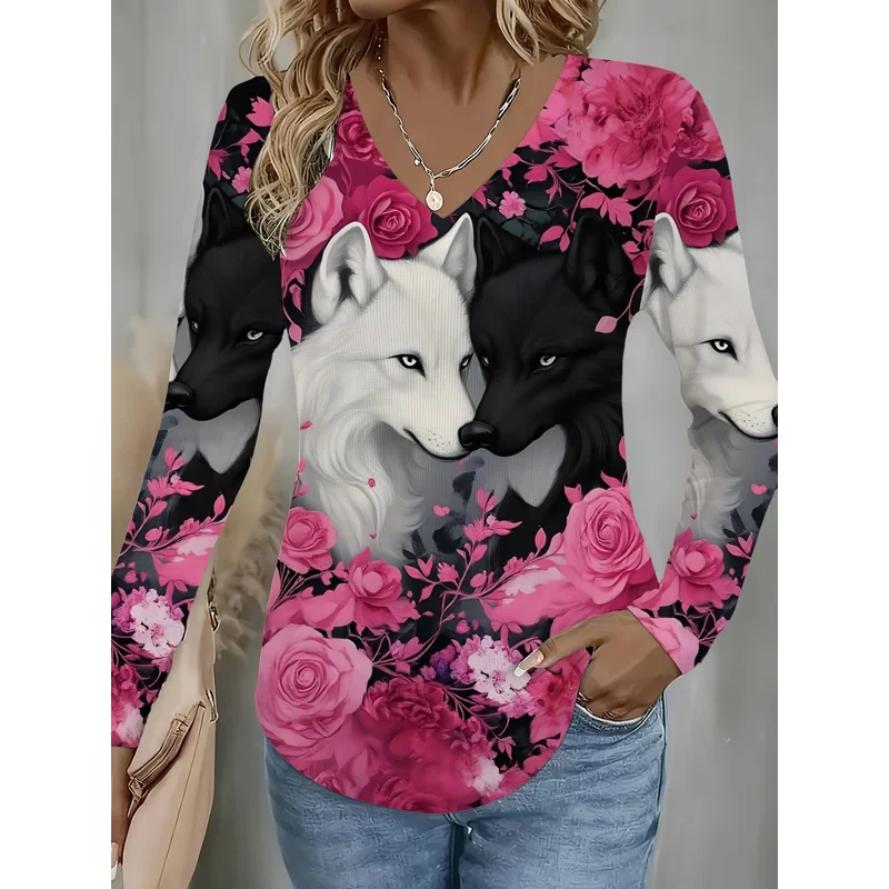 Casual V Neck Long Sleeve T Shirt For Women Wolf Rose Print Everyday Wear Spring Summer Top Machine Washable Basic Wardrobe Stap