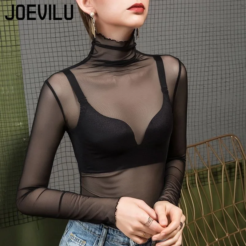 

High Neck Mesh Bottom Shirt Women's Inner Sexy Slim Long Sleeve Saree Black Stacked Neck Lace Top Omen's Clothing Tops Tees