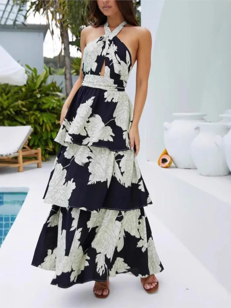 

Summer Sexy Backless Printed Lace-up Dress Women's Temperament Elegant Halter Neck V-neck High Waist Sleeveless Long Dresses